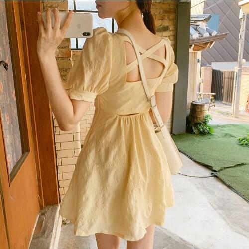 Square Collar Backless Dress a Line Sexy Yellow Mini Party Vestidos De Verano Korean Kawaii Cute Harajuku Kleider Damen Kleider