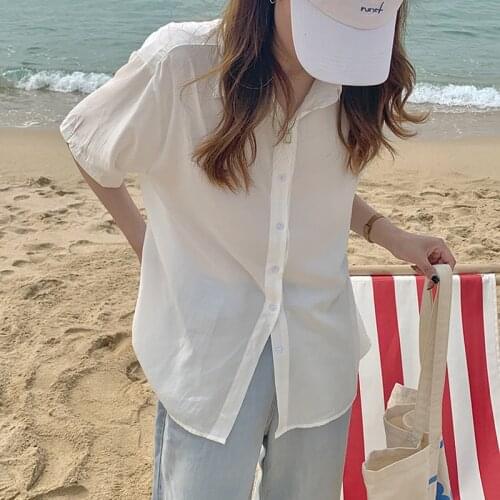 Casual Blouse Shirts Button Solid chiffon Loose Women shirt Shorts Sleeve Turn Down Collar Split fork Blusas Ladies Tops 431A