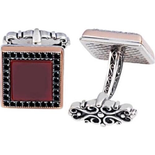 Silver Agate Gemstone Black Zircon Engraved Cufflinks