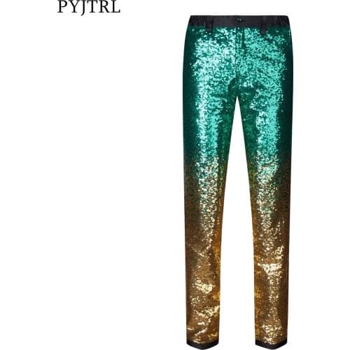 PYJTRL Men Gradual Change Pants Gold Purple Blue Pink Green Sequins Stylish Slim Fit Party Wedding Banquet Nightclub Singers Tro