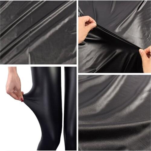 High Elastic 4 way Stretch Black Faux Leather PU fabric material for clothes shorts Knit spandex backing