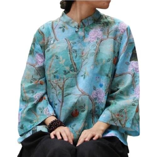 Spring Summer Peacock Figure Pure Ramie Chinese Buckle Blouse Shirt T-Shirt Top Female Shirt