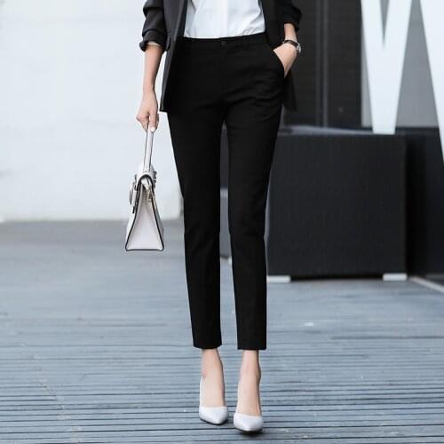 2021 New Korean OL Style Black Women Formal Pants Pockets High Waist Elegant Office Lady Ankle-Length Pants