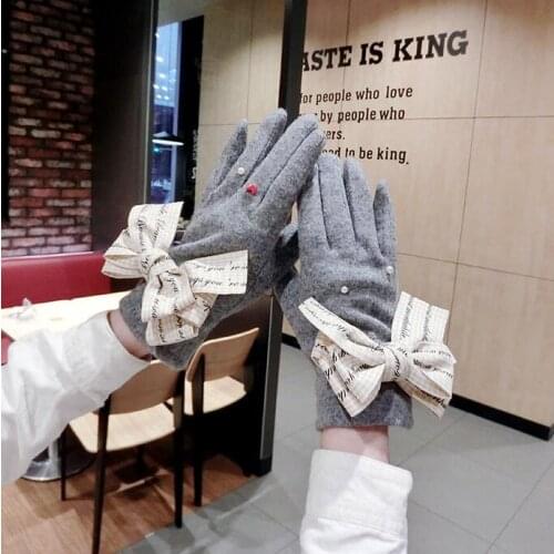 Womens autumn winter thicken warm plaid big bow wool gloves ladys touch screen winter cashmere driving glove R2277