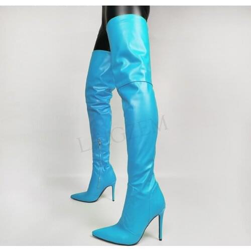 BERZIMER Women Crotch Boots Faux Leather Side Zip High Heels Over Knee Boots Zapatos BotasShoes Woman Large Size 39 43 45 47