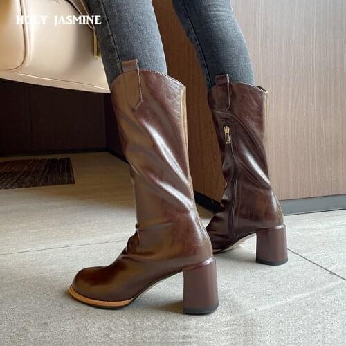 2021 Winter Boots Women Mid-Calf High Heels Modern Boots Genuine Leather Shoes for Women Square Heel Round Toe Zip Women Boots