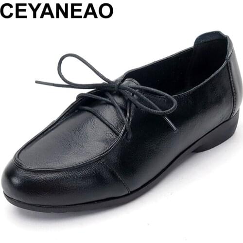 CEYANEAO2019Women Shoes Woman Genuine Leather Flat Shoes Fashion Vintage Lace-Up Soft Comfortable Casual Shoes Women FlatsE1707