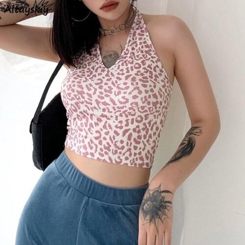Leopard Camis Women Strap Korean Style Hot Chic Trendy Retro Skinny Halter-neck Streetwear Y2k Bodycon Female Crop Top Leisure