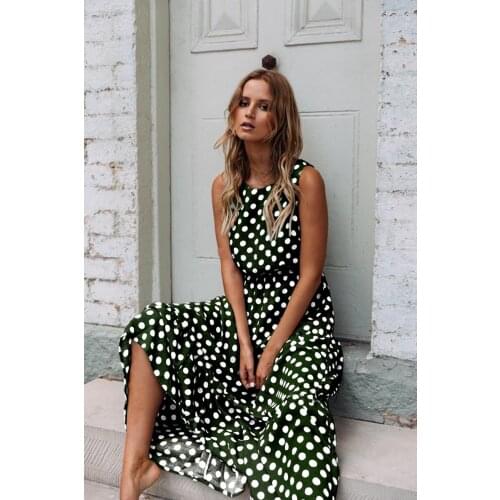 Sleeveless Brown Polka Dot Maxi Dress Womens Summer Dresses 2021 Vintage Sundress A Line Boho Elegant Loose Casual Long Dress