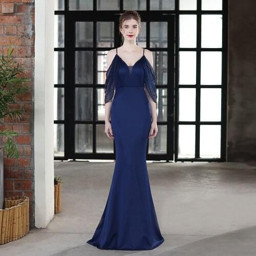 2022 V-Neck Mermaid Evening Dress Short Sleeves Vestidos De Fiesta Navy Blue Evening Gowns For Women Party Dress Evening Dresses