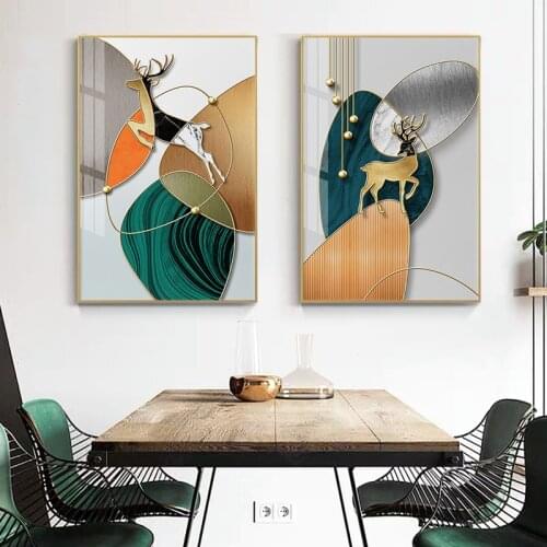 Golden Deer Wall Art Poster Print Abstract Animals Horse Canvas Painting Living Room Gold Geometric Pattern Pictures Home Decor