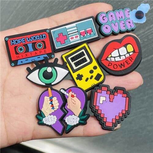 1pcs Hope World Eyes Sad Heart Lips Game Console Shoe Charms Accessories Shoe Buckle Decoration for Croc Jibz Shoes Kids Gift