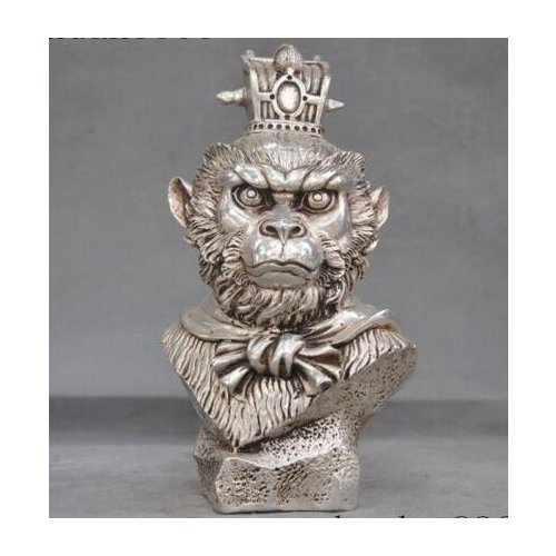 8 '' tibetan bronze silver carved Sun Wukong monkey king head bust statue height 21cm