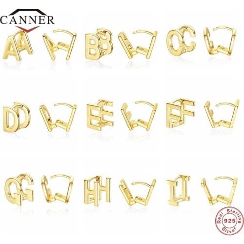 CANNER Sterling Silver 925 Glossy Initial Letter Ring Ear Buckle Stud Earrings for Women Pendientes Piercing Earring Jewelry