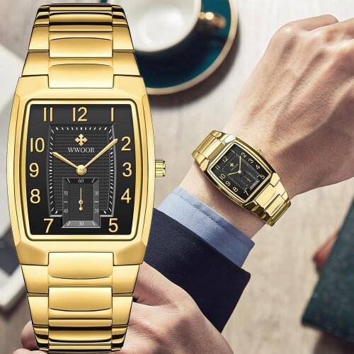 WWOOR 2021 New Top Brand Men Luxury Gold Black Square Fashion Watch Quartz Waterproof Chronograph Wristwatches Relogio Masculino