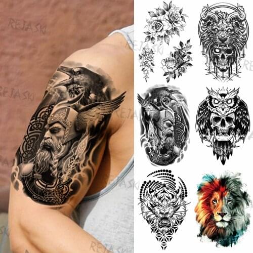 Black Gothic Punk Warrior Temporary Tattoos For Men Women Realistic Fake Skull Owl Lion Flower Tattoo Sticker Large Tatoos Thigh