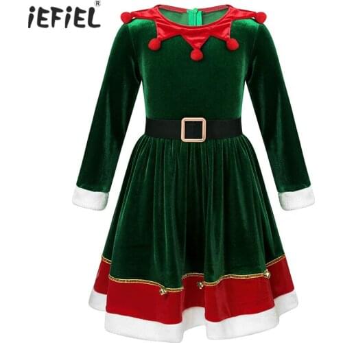 Kids Girls High Waist Christmas Dance Dress Costume Soft Velvet Long Sleeves Clown Collar Bells Back Zipper Long Dress Clothes
