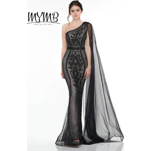 Glamous One Shoulder Sheer Beading Tulle Long Black Evening Gown MYMB Couture Fitted And Flare Party Dress MY21114