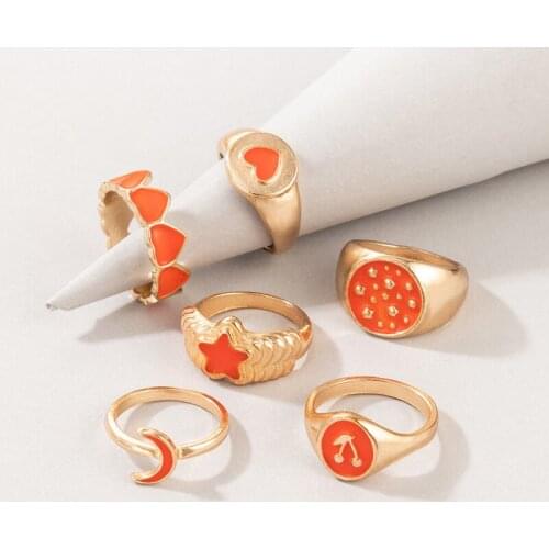 Docona 6pcs/set New Trendy Star Moon Rings Set for Women Vintage Golden Love Heart Gemetry Ring Wedding Jewelry Anillos 20033