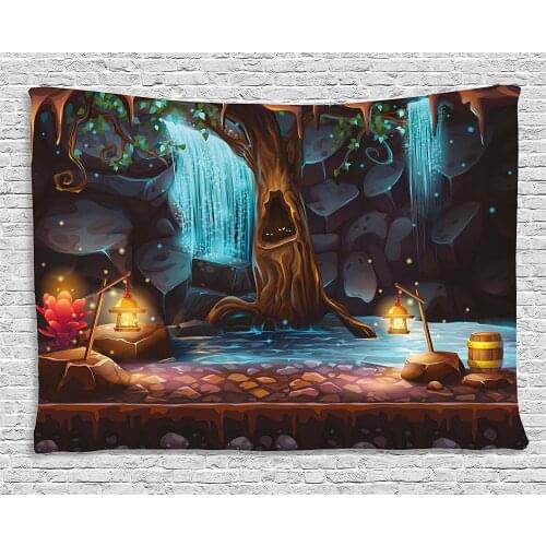 Fantasy Decor Tapestry Forest with Cave Waterfall and Magic Tree Barrel of Gold Elf Image Wall Hanging for Dorm