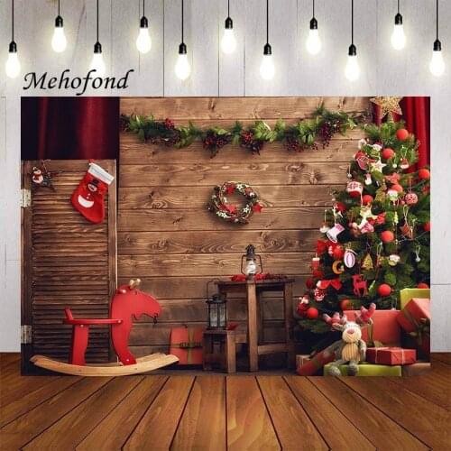 Mehofond Photography Background Winter Vintage Wooden Wall Christmas Tree Trojan Gift Kids Family Portrait Backdrop Photo Studio