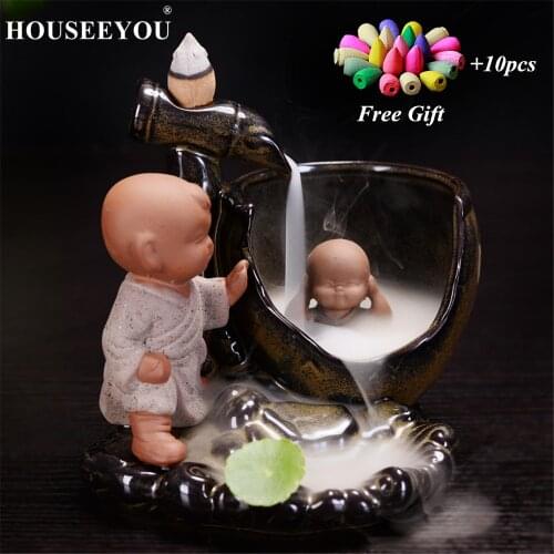 Backflow Incense Burner Home Decor Ceramic Little Monk Small Buddha Incense Holder Aromatherapy Censer + 10Pcs Incense Cones