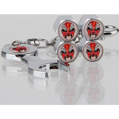 Chinese Traditional Culture Pattern Car Tire Wheel Valve Caps with Wrench Car Key Chain Ring Universal Accessories for Bicycle