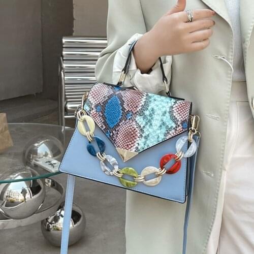 Small Snake Print Tote Bags for Women Luxury Pu Leather Handbag Contrast Color Chain Messenger Bag Lady Serpentine Shoulder Bag