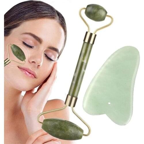 Natural Jade Scraper Massager With Stones 2 In 1 Green Roller And Gua Sha Tools Set By For Face Neck Back And Jawline