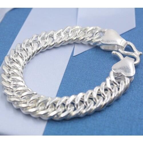 Mens Chain Real 999 Silver Curb For Women Bracelet 13mm 14mm 15mm Jewelry Gift 8.3'' 9''L
