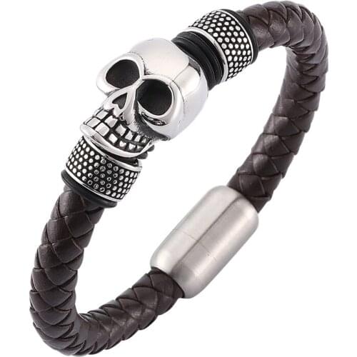 Punk Men Jewelry Brown Braided Leather Men Bracelet Skull Stainless Steel Magnetic Buckle Male Leather Wristband PD0152