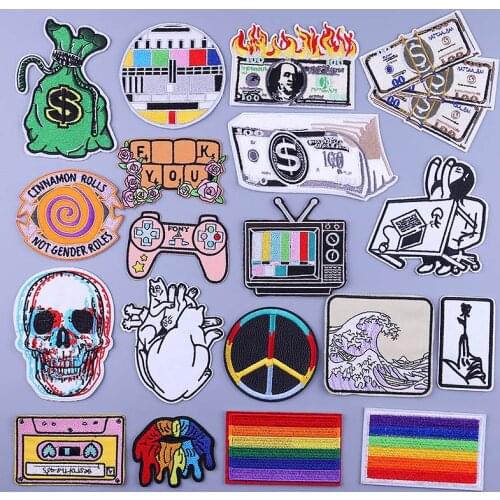 Embroidery Patches Money Stickers Iron On Patches TV Game Console Badge Gay Lgbt Clothes Accessories Sewing Patch Cartoon Stripe