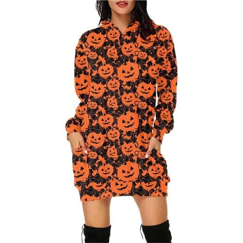 2021 New Printed Hooded Women Dress Autumn Winter Long Sleeve Loose Pocket Casual Fashion Pullover Halloween Mini Dress Female