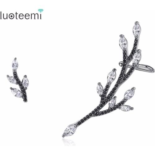 LUOTEEMI New Simple Popular Fashion Plant Tree Black Clear Stone One Big Another Small Stud Earrings CZ AAA For Women Party