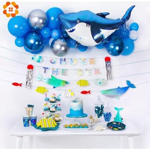 Creative DIY Blue Shark Theme Birthday Party Decorations Kids Balloons Pompom Photobooth Disposable Tableware Baby Shower Decor