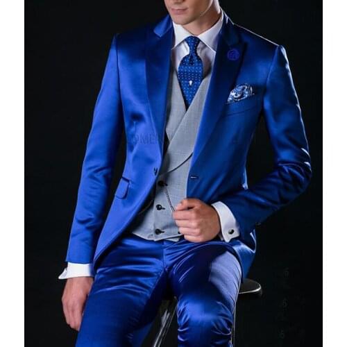 Royal Blue Formal Wedding Tuxedo for Groom with Gray Double Breasted Waistcoat 3 Piece Slim Fit Mens Suits Custom Male Fashion