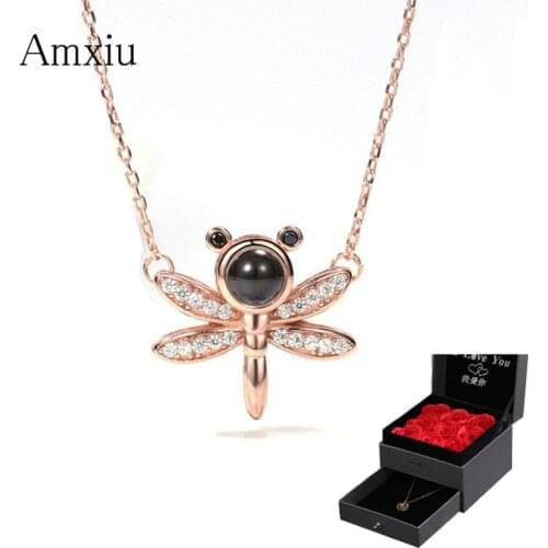 Amxiu 925 Silver Choker Necklace 100 languages I love you Projection Necklace Small Dragonfly Necklace Zircons Jewelry For Girls