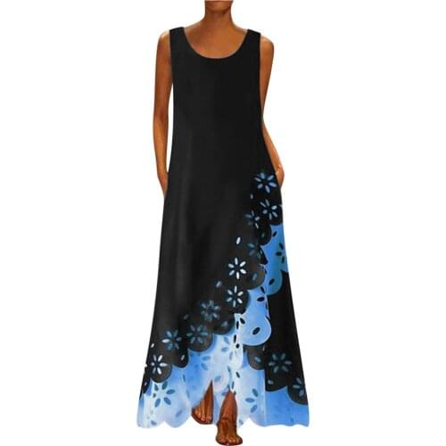 Women Fashion Sleeveless Print Round Neck Long Maxi Dress Beach Shirt Dress Elegant Clothes Woman Ceremony Evening Summer Z0407