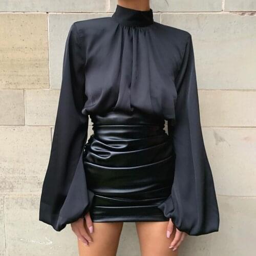 2021New Fashion Goth Sleeve Top Shirt Blouse Shirt Solid Color Sexy Bottom Loose Satin Pleated Lantern Female Long Sleeve Blouse