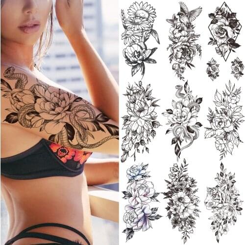 DIY Snake Flower Temporary Tattoo For Women Girls Geometry Rose Black Peony Tattoos Sticker Tiger Fake Orchid Sexy Tatoo Armband