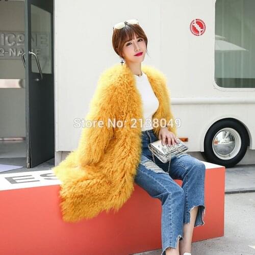 SF0169 Russia Fashion Long Overcoats Knitted Lamb Fur Coats Natural