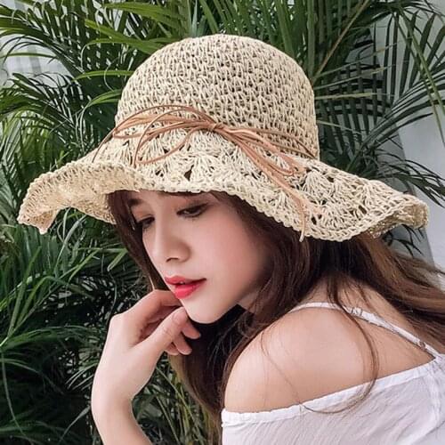 Summer New Womens Sun Hat Bucket cap Ribbon Flat top Straw Hats Beach Caps Panama Women Sun Hat Large Brim Straw Outdoor Hat
