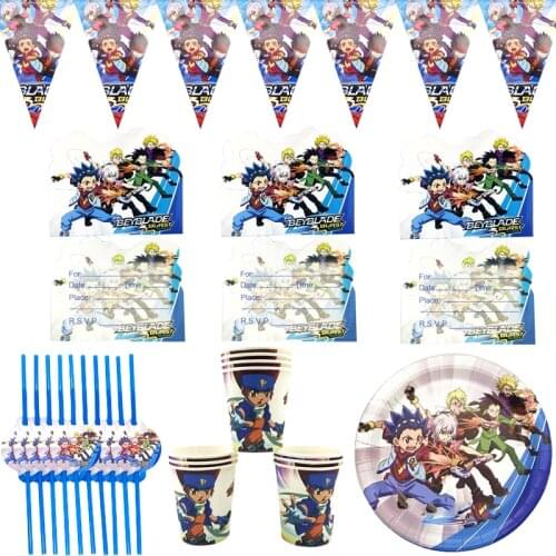 50pcs/lot Beyblade Burst Theme Banner Birthday Party Invitation Cards Plates Cups Decorate Hanging Flags Kids Boys Favors Straws