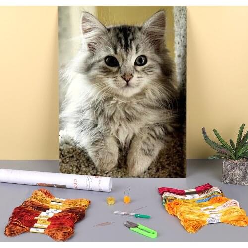 Animal Cat Printed Fabric 11CT Cross-Stitch Full Kit DIY Embroidery DMC Threads Sewing Craft Needlework Painting Counted