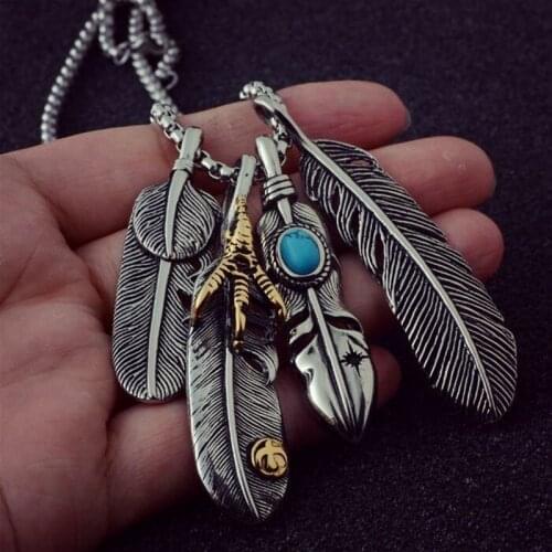 Vintage Feather Eagle Claw Pendant Necklaces Men Boho Antique Silver Color Leaf Long Necklace For Women Summer Beach Jewelry