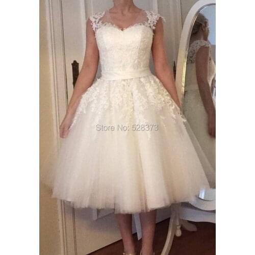 YNQNFS W5 Real Photos V Neck 50S 60S Tea Length Lace Vintage Wedding Dress Party Dress
