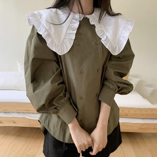 Women Sweet Patchwork Blouse Vintage Turn-down Collar Double Breasted Blusas Femme 2021 New Fall Lantern Long Sleeve Shirt Tops