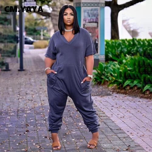 CM.YAYA Women Haren Jumpsuit V-neck Plus Size Streetwear Short Sleeve One piece Overall Bodycon Romper Outfit Playsuit