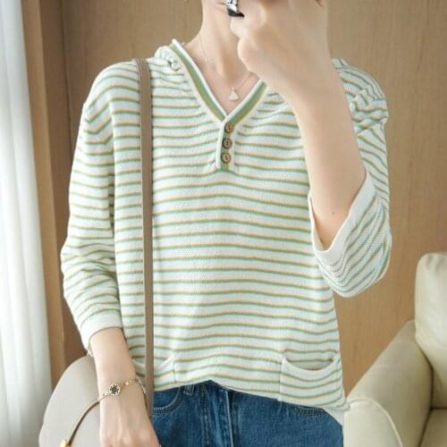 2021 Summer New Hooded Sweater Loose Women' Pure Cotton Knit Hoodie Wild Striped Pullover Thin Section Drop Shoulder Top T-Shirt