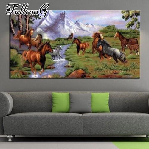 FULLCANG 5d diy full square round drill large diamond painting prairie horse mosaic embroidery snow mountain home decor FC2073